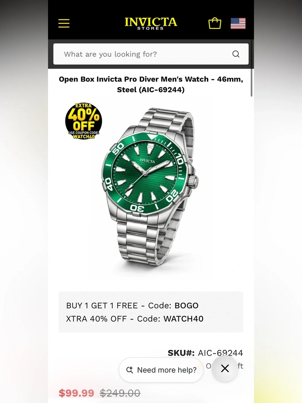 Invicta Pro Diver 69244 Men’s 46mm Green Dial Stainless Steel Quartz Watch NIB